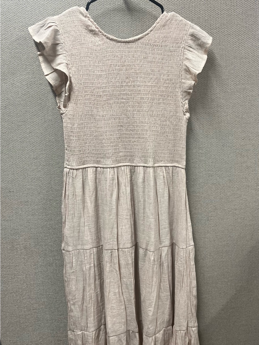 EUC Light Beige Tiered Maxi Dress with Ruffle Sleeves and smocked bodice
